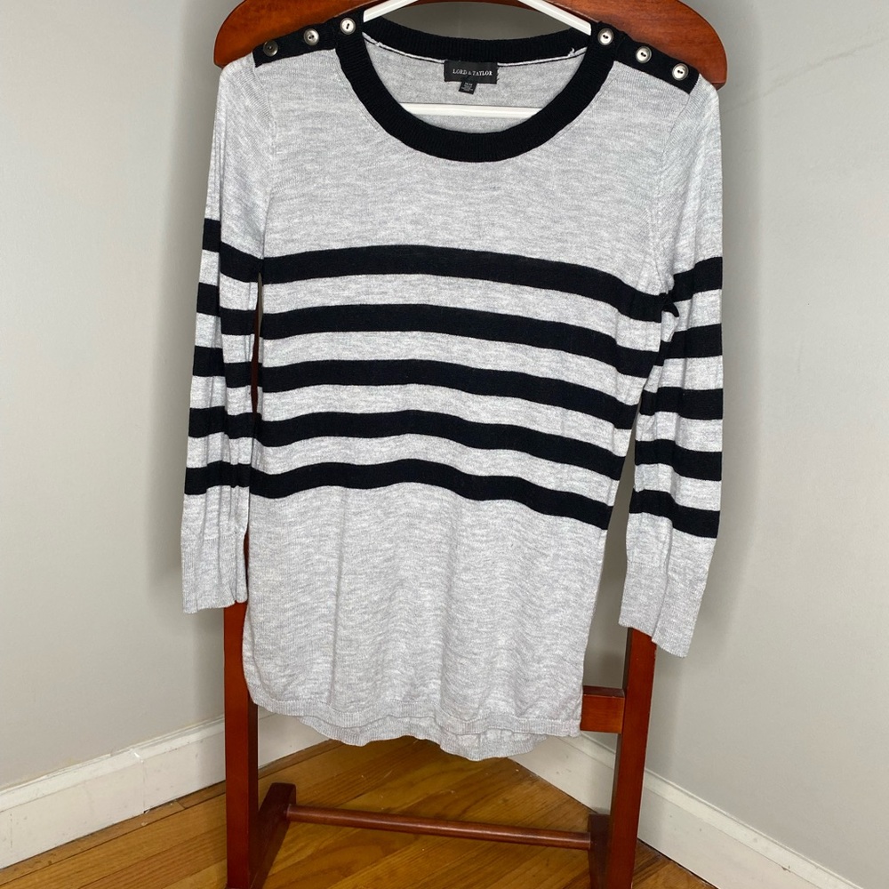 Lord & Taylor Grey sweater w/ black stripes and button detailing.